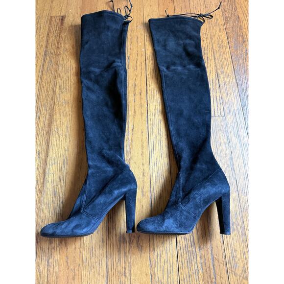 Stuart Weitzman Boots Womens Size 8.5 Black Suede Over The Knee Tie Back Heel - Picture 4 of 9